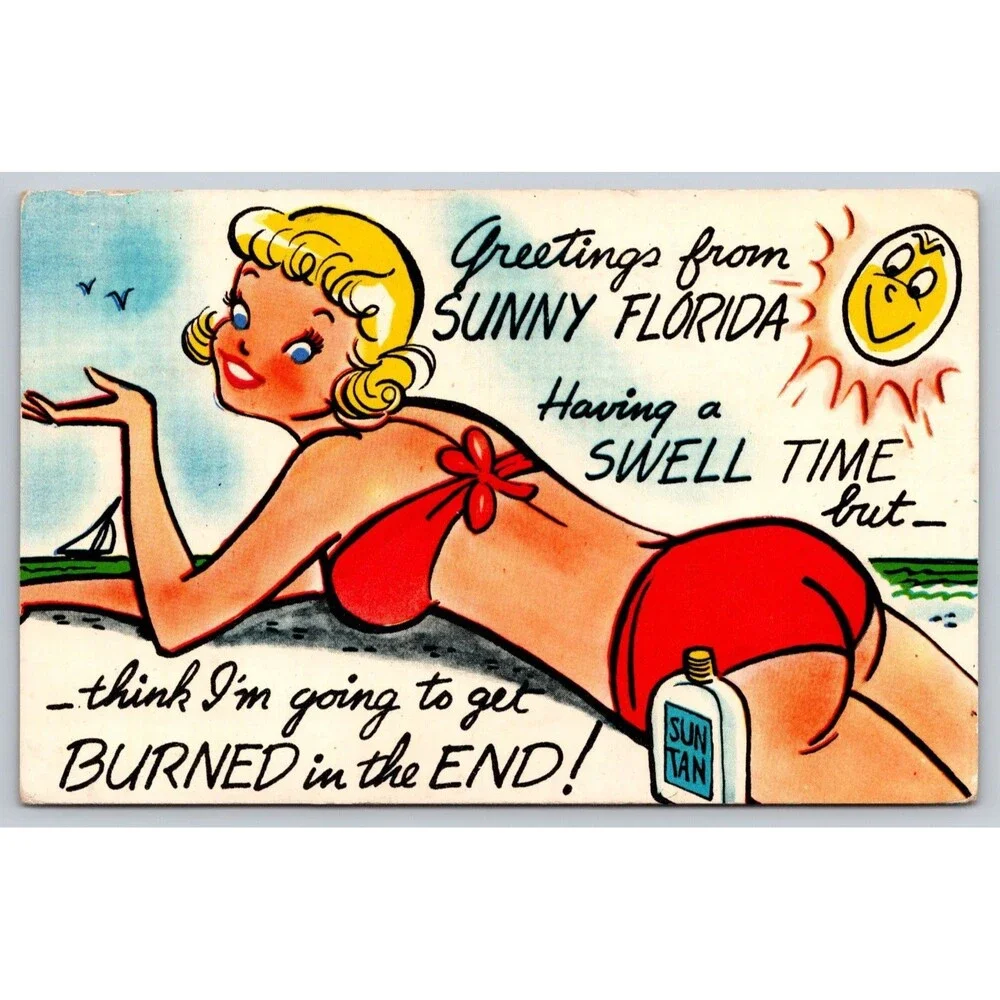 Vintage 1956 Florida Comic Postcard Bradenton Bikini Woman Suntan Humor Burned